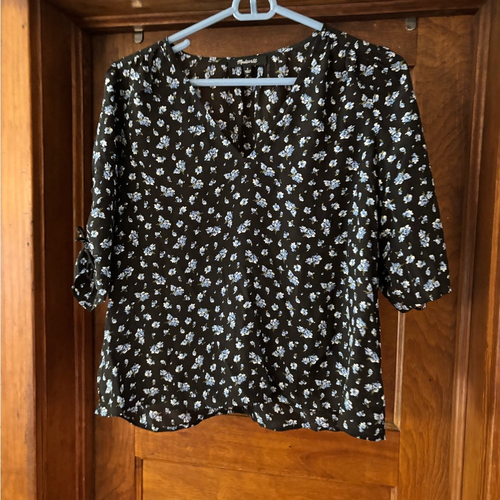 Madewell Black Blouse with White Floral Pattern